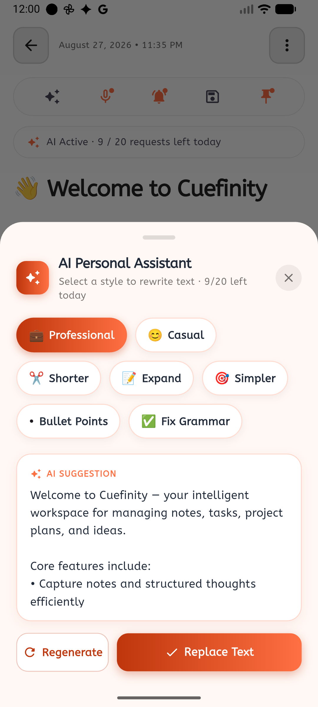 Cuefinity writing help screen