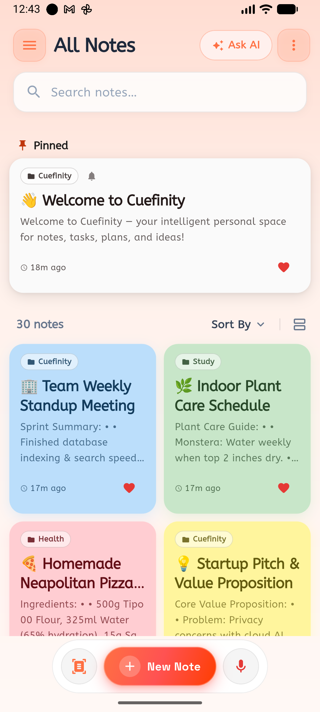 Cuefinity notes home screen