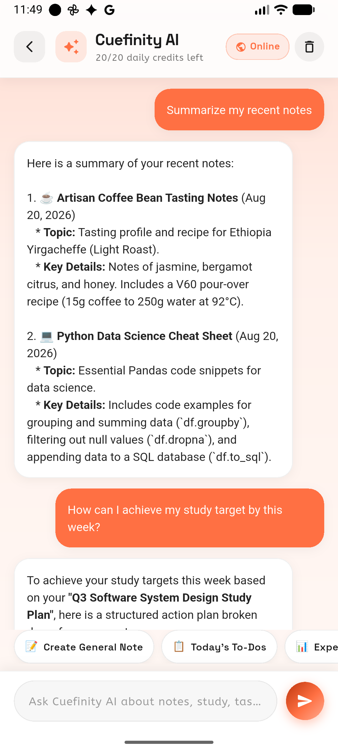 Cuefinity AI assistant screen
