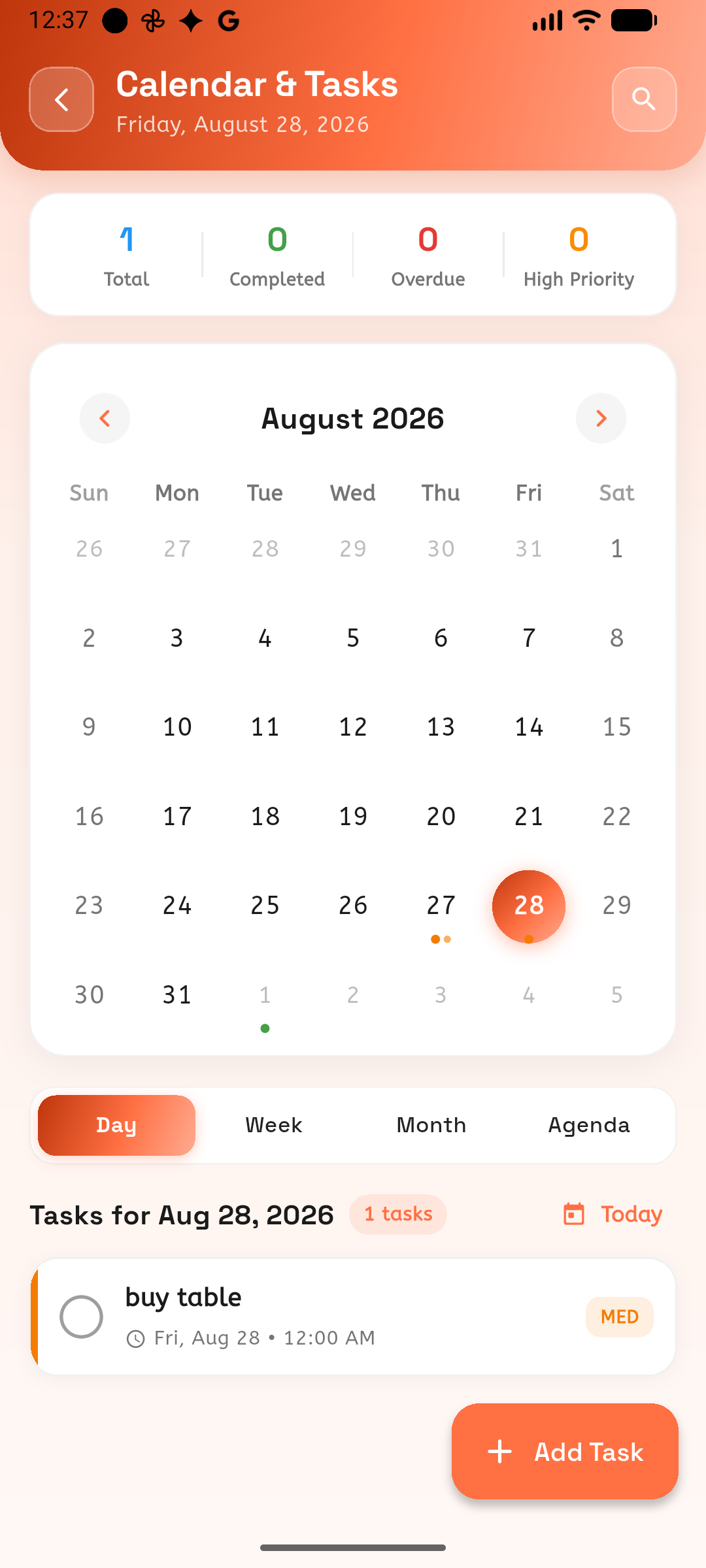 Cuefinity calendar screen