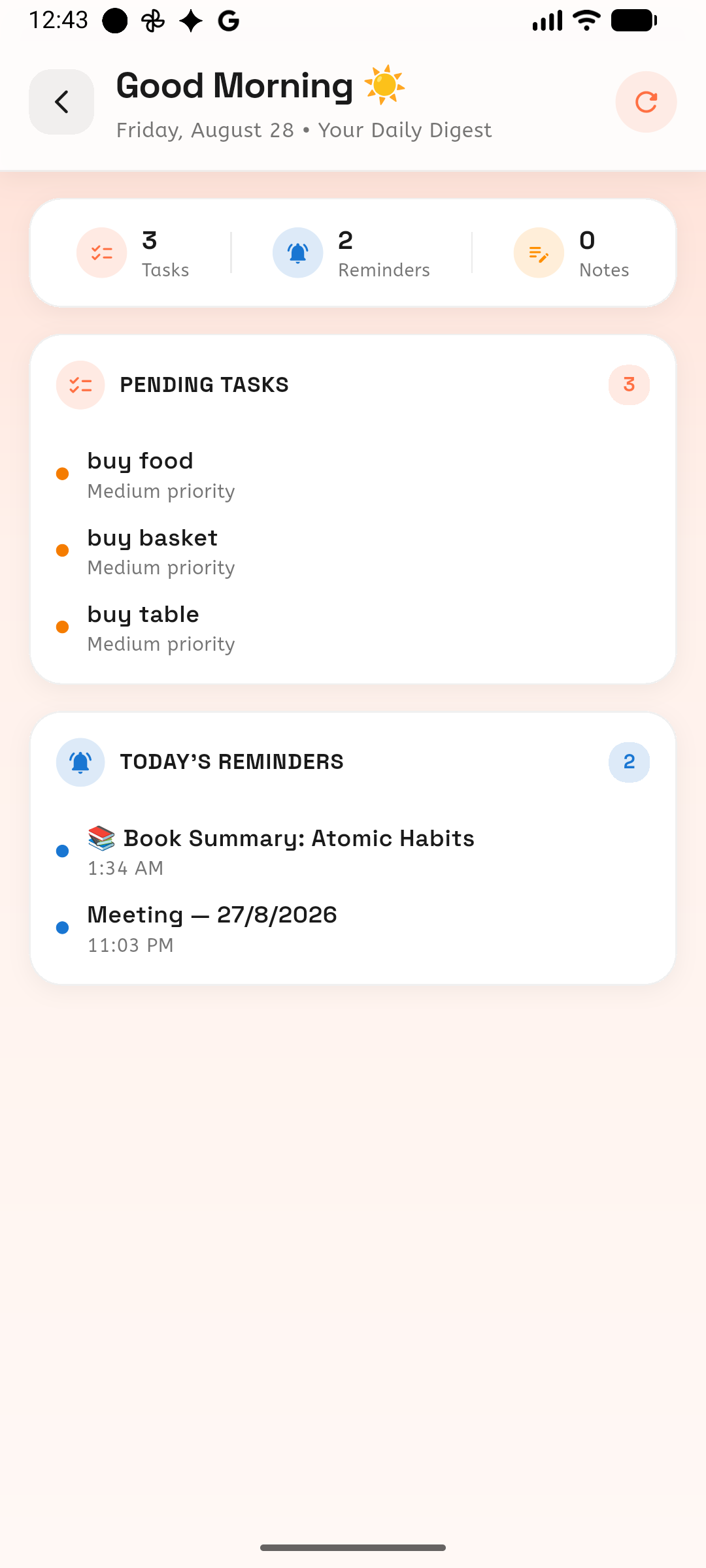 Cuefinity daily reminder summary