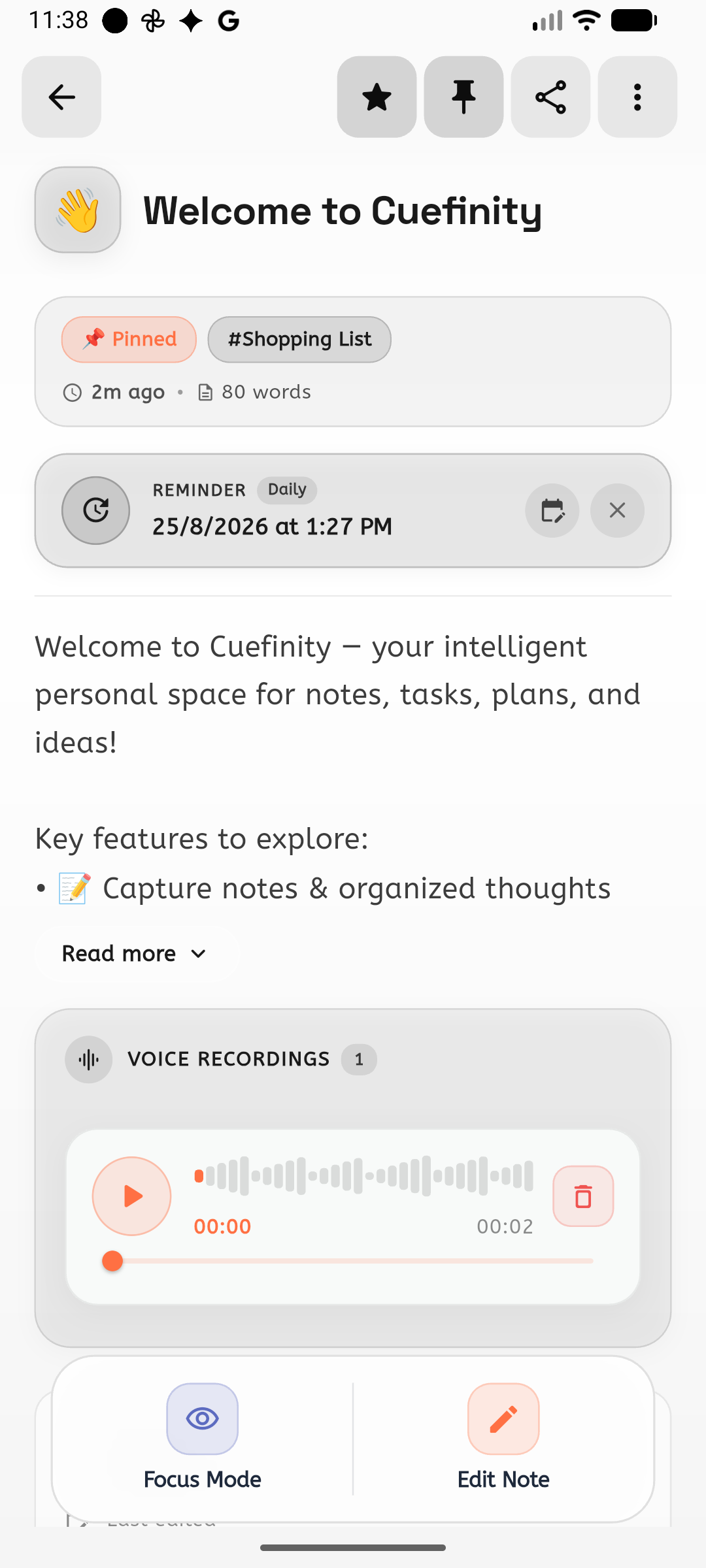 Cuefinity note detail screen