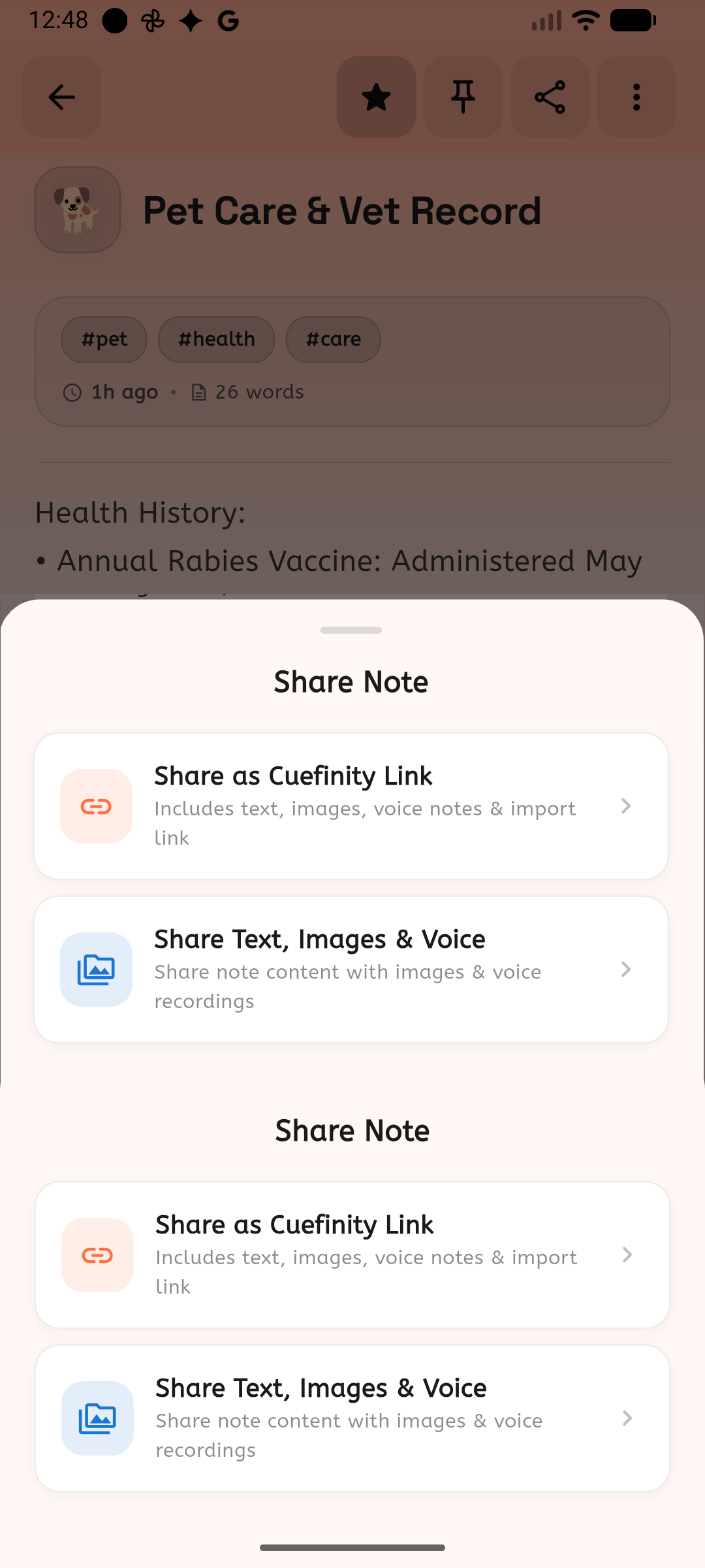Cuefinity note sharing screen