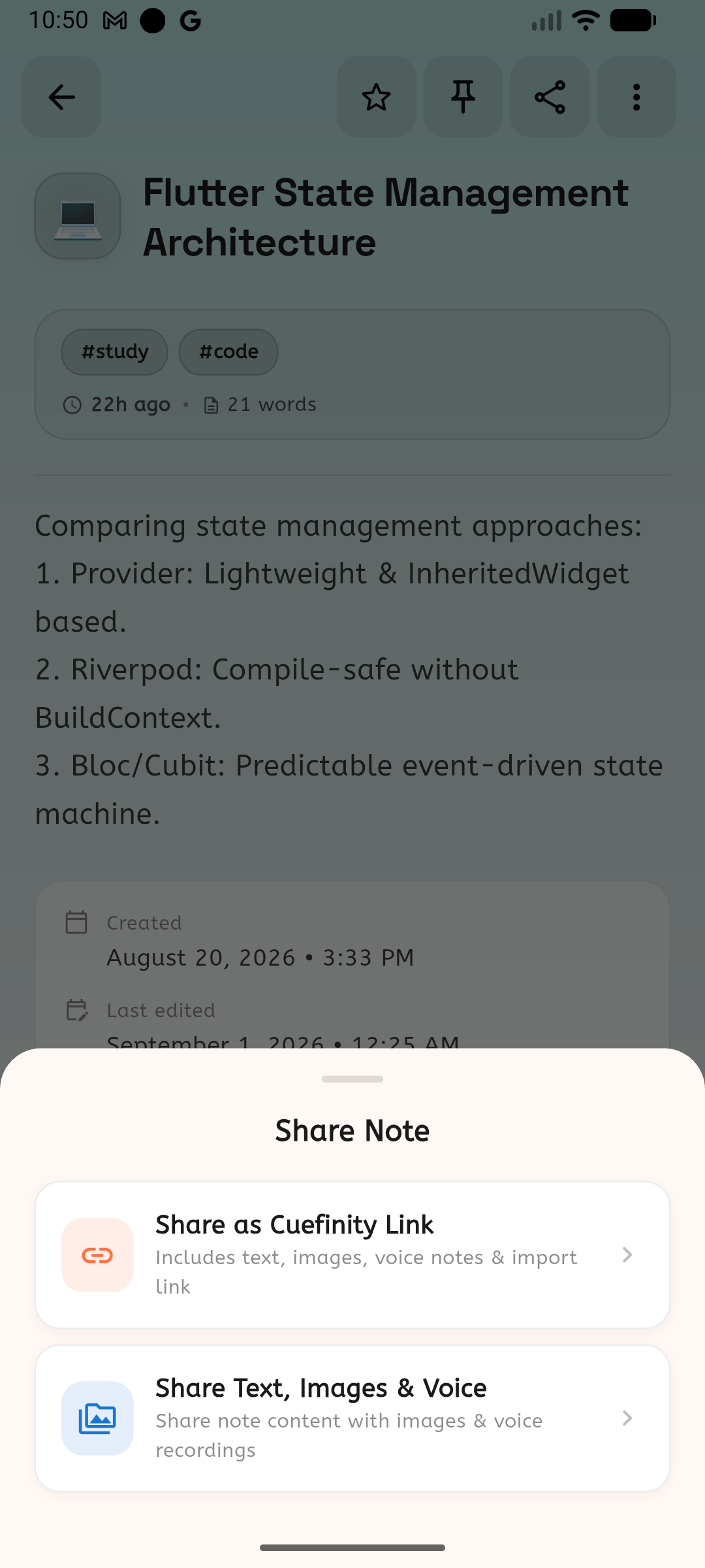 Share sheet with Share as Cuefinity link and Share as text options