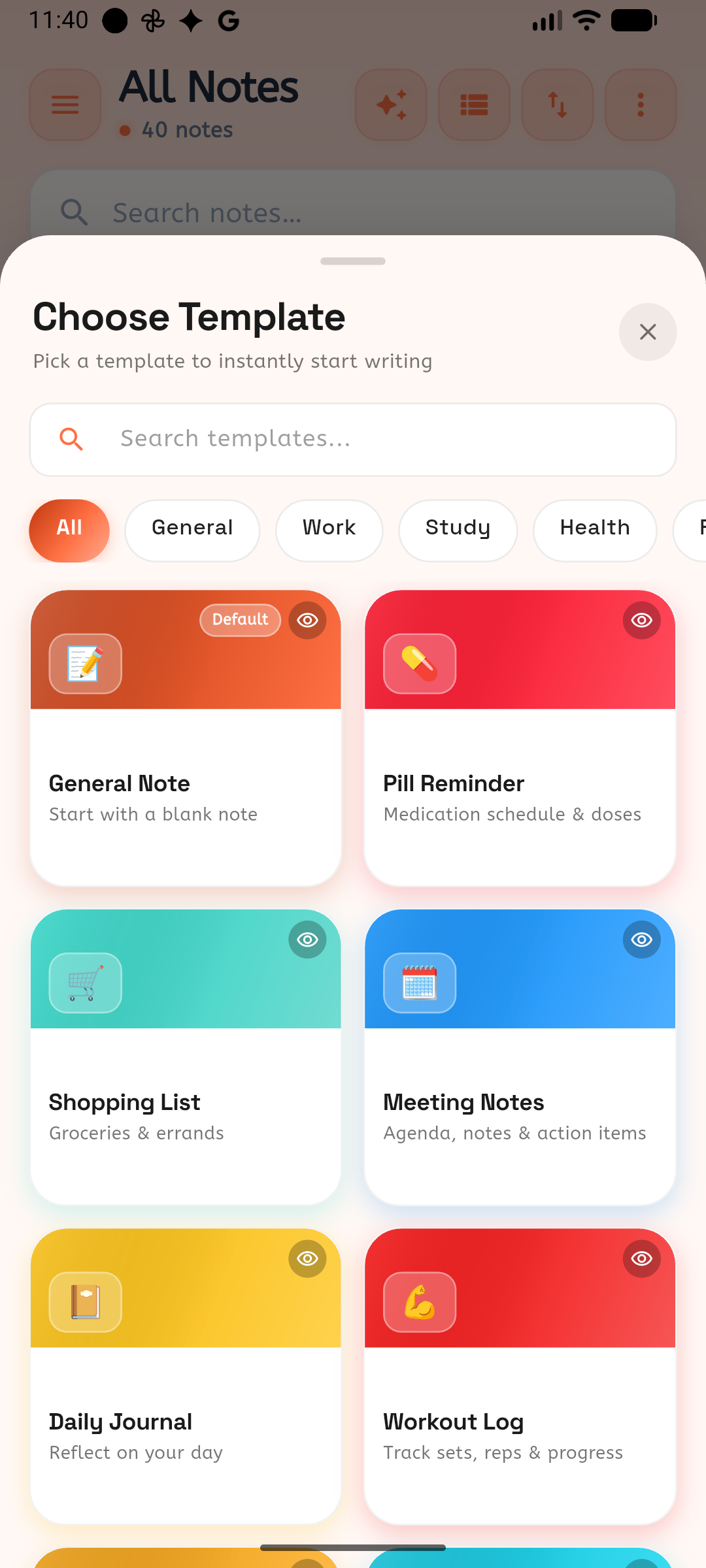 Cuefinity template selection screen