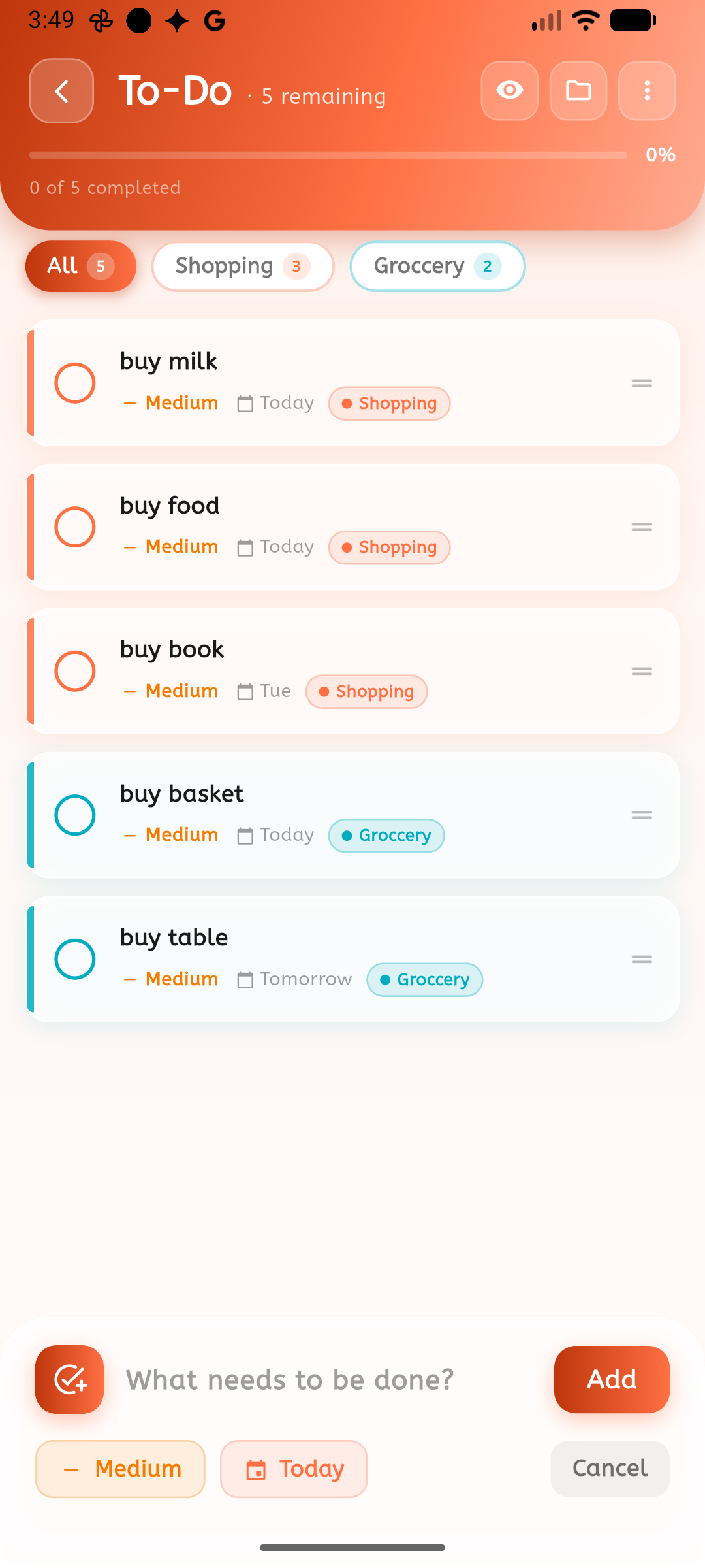 Cuefinity to-do list screen